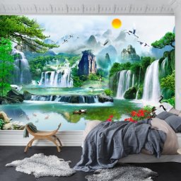 Fototapet 3D Cascada in Peisaj De Vis OPO5312 (Alege materialul: : Autocolant Perete Laminat Lucios, MP: 1 mp)