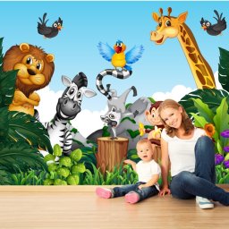 Fototapet Camere pentru Copii, Animalute in Jungla CG5 (Alege materialul: : Autocolant Perete Laminat Lucios, MP: 1 mp)