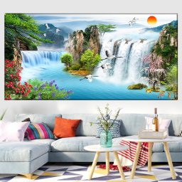 Tablou Canvas 3D Peisaj de Vis cu Cascada si Cocori WTF84 (Dimensiune LxH: 180x90cm)