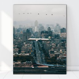 Tablou Canvas Avion In Zbor Deasupra Blocurilor Gri AMA23 (Dimensiune LxH: 70x100cm)