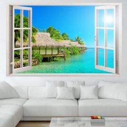 Fototapet 3D Fereastra Spre Bungalouri AMF1817 (Dimensiune Fototapet: 180x120cm LxH)