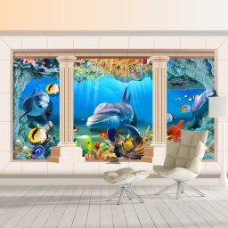 Fototapet 3D Delfini si Pesti Colorati Printre Coloane AQF53 (Alege materialul: : Autocolant Perete Laminat Lucios, MP: 1 mp)