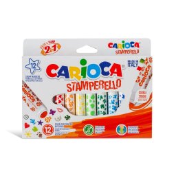 Set 12 markere lavabile, cu 12 stampile diverse forme, cutie carton, CARIOCA Stamperello