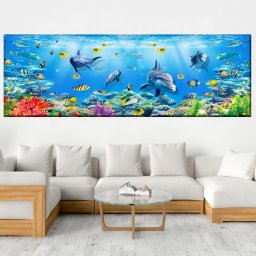Tablou Canvas Delfini Printre Pesti Viu Colorati AQF56 (Dimensiune LxH: 150x50cm)