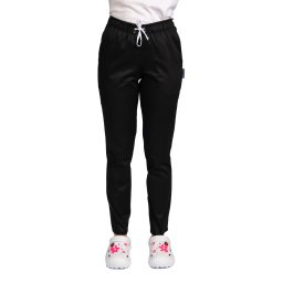 Pantaloni medicali cu elastan negri, model dama, cu snur si doua buzunare laterale