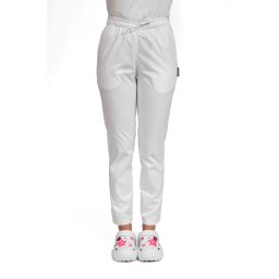 Pantaloni medicali elastici, dama, alb cu snur si doua buzunare laterale