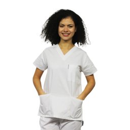 Halat medical alb cu elastan, dama, anchior in V si trei buzunare aplicate