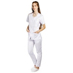Costum medical alb, cu elastan, bluza cu fermoar cambrata, trei buzunare aplicate si pantaloni cu snur