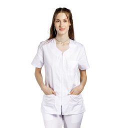 Halat medical cu elastan alb, inchidere cu fermoar si trei buzunare aplicate
