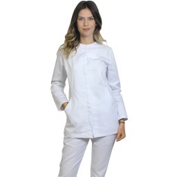 Halat medical dama alb cu maneca lunga, fermoar si doua buzunare aplicate