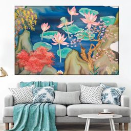 Tablou Canvas Peisaj Feng Shui cu Flori de Lotus si Frunze Turcoaz SEF85 (Dimensiune LxH: 90x60cm)