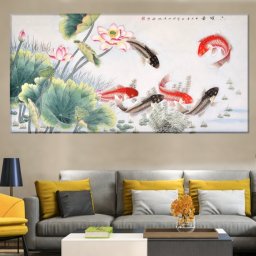 Tablou Canvas Flori de Lotus cu Pesti Crap Koi SEF17 (Dimensiune LxH: 120x60cm)
