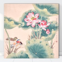 Tablou Canvas Pereche de Rate Mandarine Printre Nuferi SEF5 (Optiuni Tablou: 70x70cm)