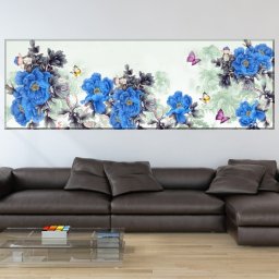 Tablou Canvas Panoramic Bujori Albastri cu Fluturi SEF89 (Dimensiune LxH: 90x30cm)