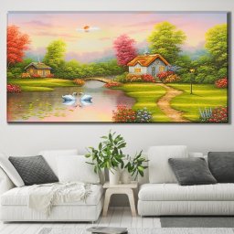 Tablou Canvas Peisaj de Tara cu Lebede pe Lac TPP33 (Dimensiune LxH: 200x100cm)