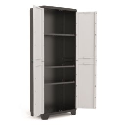 Dulap garaj, plastic, gri, 3 rafturi, Keter High Linear, 68x39x173 cm, incuiere optionala, rezistent UV, polipropilena, usor de asamblat
