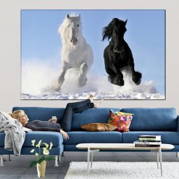 Tablou Cai Alb si Negru in Zapada ANIMR3 (Dimensiune LxH: 120x80cm)