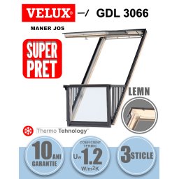 Fereastra mansarda balcon VELUX GDL 3066 CABRIO, lemn de pin, 3 sticle