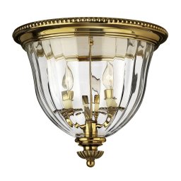 Plafonieră manufacturată 100% din alamă CAMBRIDGE, D36,8 cm, H:33 cm, 3 becuri, cu abajur transparent din sticlă optică, HK-CAMBRIDGE-F-B