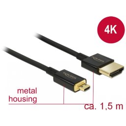 Cablu HDMI la micro HDMI-D T-T 3D 4K60Hz 1.5m Slim Premium, Delock 84782