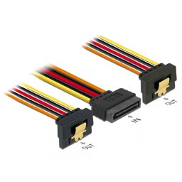 Cablu alimentare SATA 15 pini la 2 x SATA clips metalic unghi T-M 30cm, Delock 60159