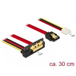 Cablu de date + alimentare SATA 22 pini 6 Gb/s cu clips la Floppy 4 pini mama + SATA 7 pini unghi jos/drept 30cm, Delock 85235