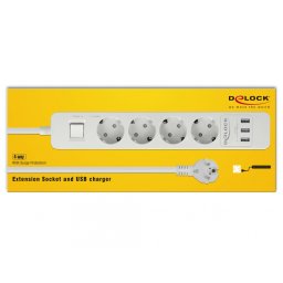 Prelungitor cu protectie 4 prize 16A si 3 x USB 5V/2.4A 1.5m Alb, Delock 11206