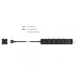 Prelungitor cu protectie 4 prize 16A si 3 x USB 5V/2.4A 1.5m Negru, Delock 11209