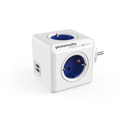 Prelungitor in forma de cub PowerCube Original 4 prize Schuko si 2 X USB Albastru, Allocacoc