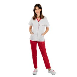 Costum medical cu elastan format din bluza alb cu paspol rosu si pantaloni rosii cu elastic