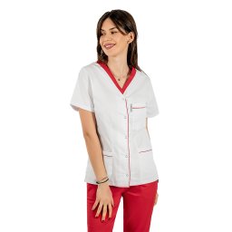 Halat medical cu elastan alb cu paspol rosu, capse si trei buzunare aplicate