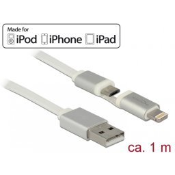 Cablu de date + incarcare micro USB cu adaptor Lightning MFI T-T 1m, Delock 83773*