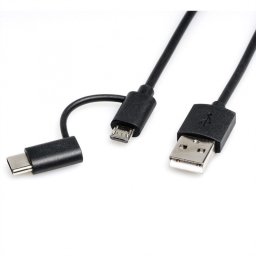 Cablu micro USB-B 2.0 + adaptor USB-C la USB-A T-T 1m Negru, Roline 11.02.8328*