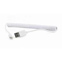 Cablu de incarcare + date USB 2.0 la iPhone Lightning spiralat 1.5m Alb, Gembird CC-LMAM-1.5M-W