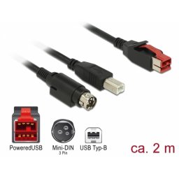 Cablu PoweredUSB 24V la USB-B + Hosiden Mini-DIN 3 pini 2m pentru POS/terminale, Delock 85488