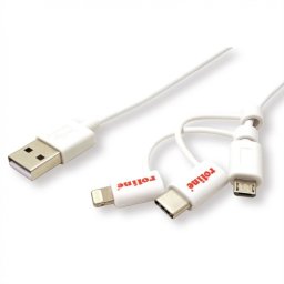 Cablu de date si incarcare USB la USB-C + micro USB-B + Lightning 1m Alb, Roline 11.02.8329*