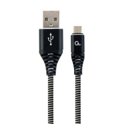 Cablu micro USB-B la USB 2.0 Premium Alb/Negru brodat 2m, Gembird CC-USB2B-AMmBM-2M-BW