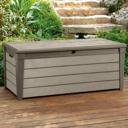 Cufar depozitare pentru exterior, de gradina, pentru unelte, jucarii, perne, cu capac, material polipropilena, culoare bej, Keter Brushwood, 455 L
