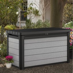 Cutie de depozitare pe terasa, pentru unelte pentru perne si jucarii, cu capac, material plastic, gri, Keter Denali DuoTech, rezistenta UV, 380 L
