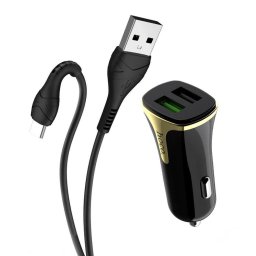 Incarcator auto Hoco Z31, QuickCharge 3.0, 2xUSB, Cablu USB-C inclus, Black