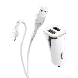 Incarcator auto Hoco Z31, QuickCharge 3.0, 2xUSB, Cablu USB-C inclus, White