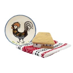 CADOU ROMANESC CU FARFURIE CERAMICA HOREZU, STERGAR TRADITIONAL SI CASUTA DIN LUT (cod CAD034)