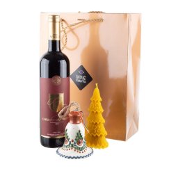 Pachet cadou de Craciun cu clopotel de Bledea, lumanare din ceara naturala si vin Cabernet Sauvignon
