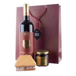 Pachet cadou de Craciun cu dulceata naturala, casuta din lut si vin Cabernet Sauvignon
