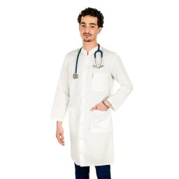 Halat medical alb, unisex, cu guler tip tunica si trei buzunare