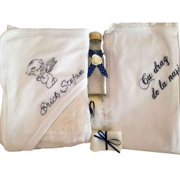 Trusou botez bleumarin, 7 piese, personalizat cu numele copilului, DSPH309