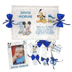 Set Tavita Mot (turta) Baby Mickey si Goofy, 7 piese, personalizat cu nume si data, DSPH165