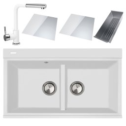 Set complet Chiuveta bucatarie granit dubla cu 2 cuve CookingAid Kinga LX8620 Alba Polar White + Baterie CookingAid Arizona + 2 Tocatoare sticla Temperizata Alba + Tavita scurgere inox + accesorii m
