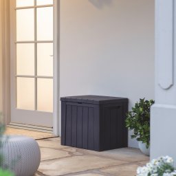 Cutie de exterior, cu spatiu de depozitare, pentru accesorii gradina, jucarii, cu capac, material polipropilena, culoare antracit, Keter Urban, dimensiune 59.6 x 53 x 46 cm, capacitate 113 L