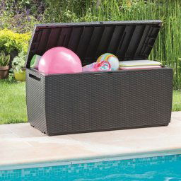 Lada depozitare gradina cu capac, pentru unelte, jucarii si perne, material ratan, culoare antracit, Keter Capri, dimensiune 305 L, manere, rezistenta UV